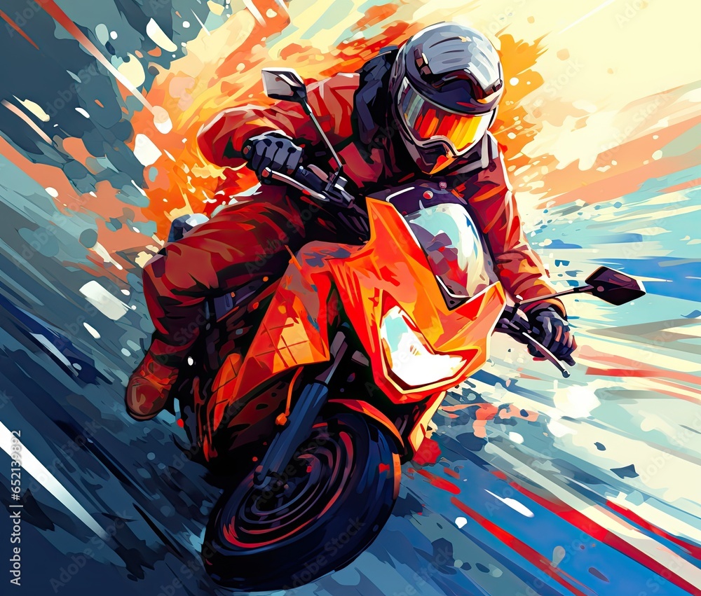  a painting of a person riding a motorcycle on a track.  generative ai