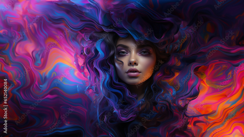 Hübsche Frau mit bunt gefärbten fliegenden Haar mit Visagistik Make up im futuristischen Stil als Poster Nahaufnahme Querformat, ai generativ Hübsche Frau mit bunt gefärbten fliegenden Haar mit Visagistik Make up im futuristischen Stil als Poster Nahaufnahme Querformat, ai generativ
