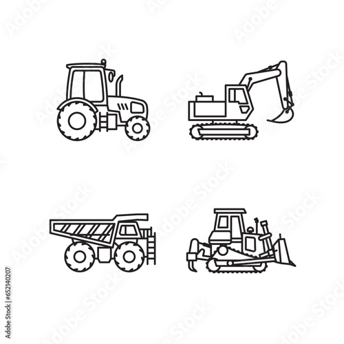 Heavy machinery icon set contains icons such as a dump truck, tractor, bulldozer, and excavator. Editable stroke 