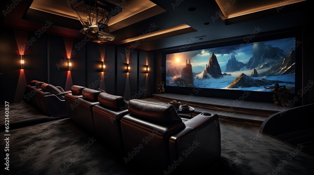 Contemporary Home Theater with Plush Seating and State-of-the-Art Audiovisual System