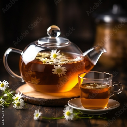 teapot and cup of tea with chamomile