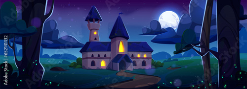 Medieval fantasy castle night cartoon landscape. Magic fairytale gothic kingdom building scene with road, full moon glow and forest tree. Old dirty mystery enchanted game fortress concept background