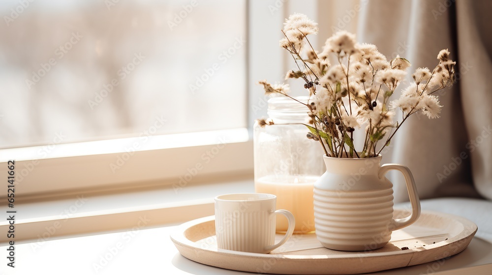 Flowers in vase and buring candles at home, cosy winter interior home decor, calm and relax living mockup arrangement, Generative ai Flowers in vase and buring candles at home, cosy winter interior home decor, calm and relax living mockup arrangement, Generative ai