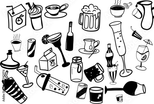 alcoholic and beverages black line hand drawing on white background, beer coffee wine milk juice