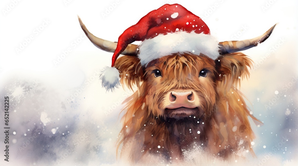 a painting of a yak wearing a santa claus hat. generative ai a painting of a yak wearing a santa claus hat. generative ai