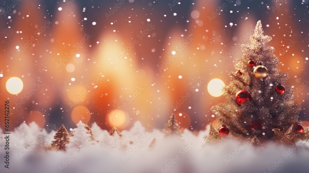 a small christmas tree in the snow with lights in the background. generative ai a small christmas tree in the snow with lights in the background. generative ai
