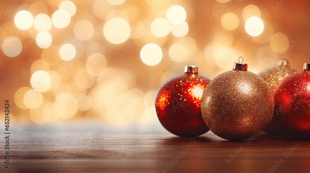 three shiny red and gold christmas ornaments on a wooden table. generative ai three shiny red and gold christmas ornaments on a wooden table. generative ai