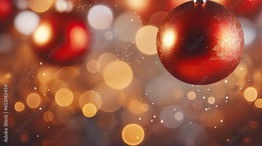 a red ornament hanging from a string with lights in the background. generative ai a red ornament hanging from a string with lights in the background. generative ai