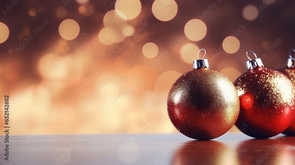 three shiny red and gold christmas ornaments on a shiny surface. generative ai three shiny red and gold christmas ornaments on a shiny surface. generative ai