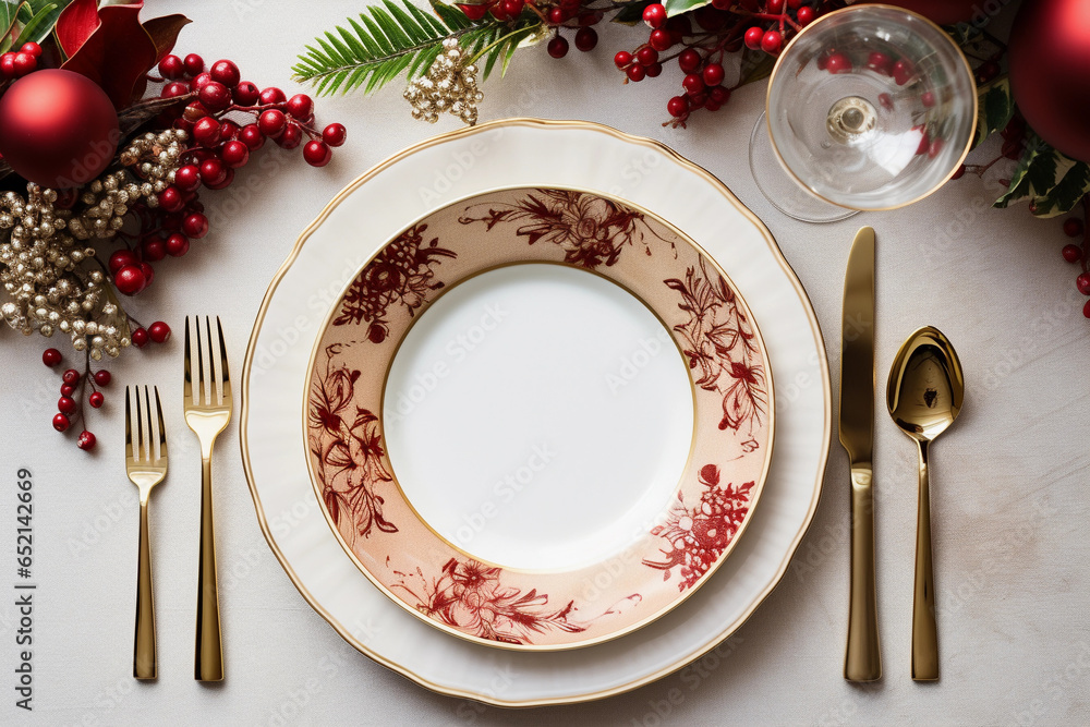 A flat lay composition showcasing a warm and inviting Christmas table setting with plates, cooking ware, and seasonal decorations, leaving generous space for copy in the background. A flat lay composition showcasing a warm and inviting Christmas table setting with plates, cooking ware, and seasonal decorations, leaving generous space for copy in the background.