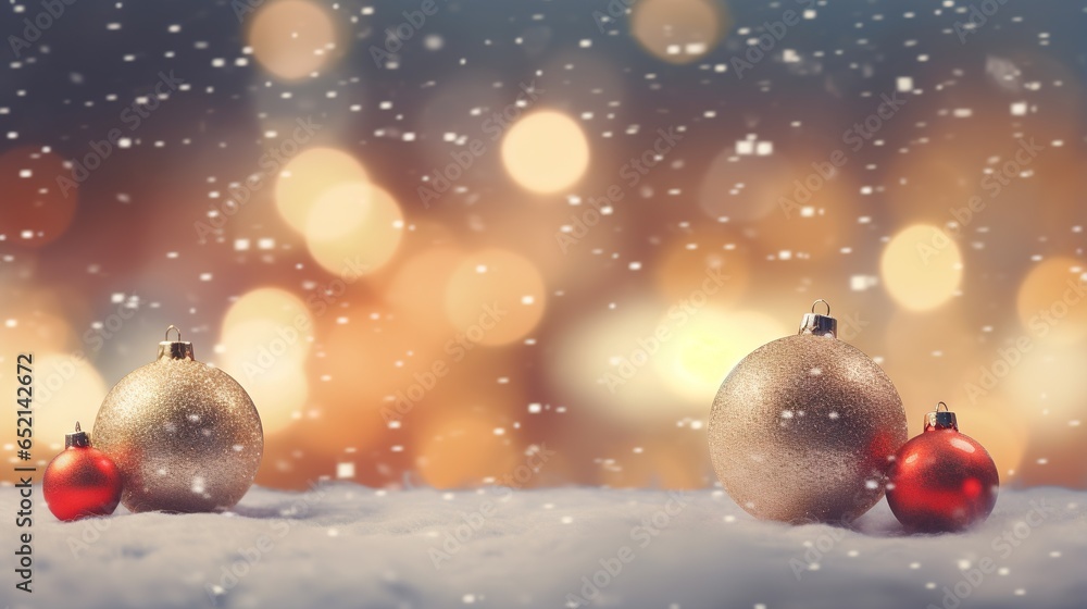 two christmas ornaments sitting on top of a snow covered ground. generative ai two christmas ornaments sitting on top of a snow covered ground. generative ai