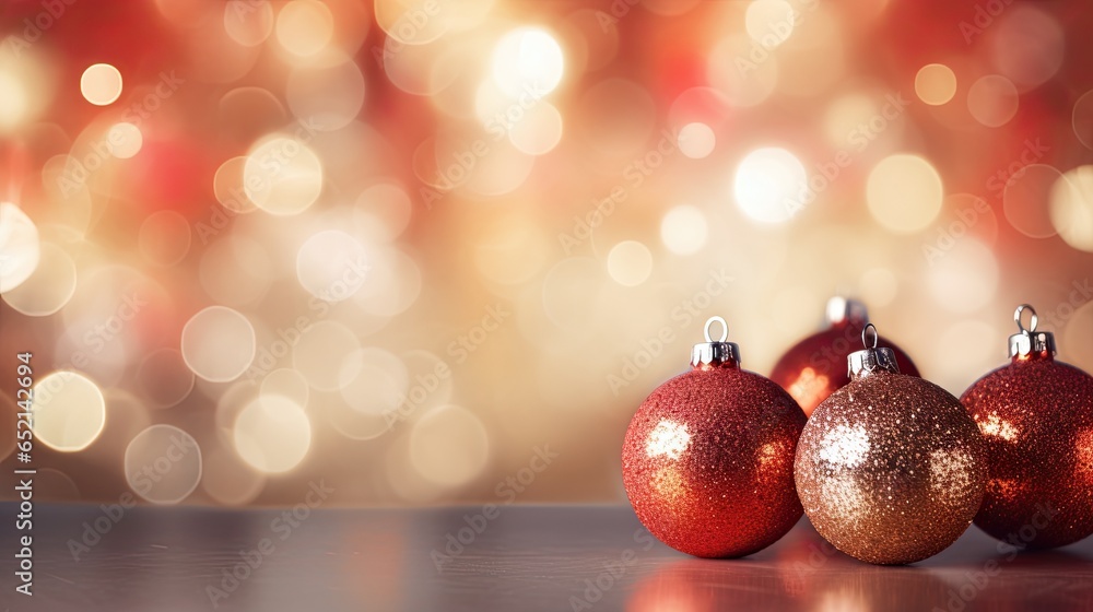 three shiny red and gold christmas ornaments on a shiny surface. generative ai three shiny red and gold christmas ornaments on a shiny surface. generative ai