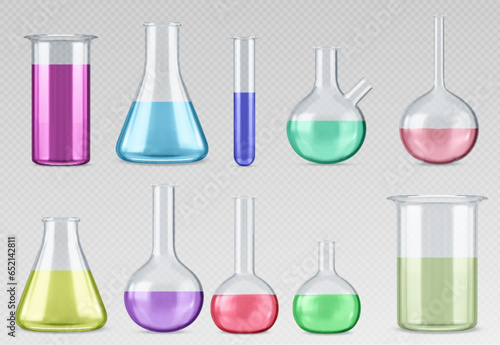 Chemistry laboratory flask with liquid for test. Lab beaker equipment 3d realistic glassware set. Chemical science experimental volumetric tool. Pharmaceutical transparent jar with color fluid