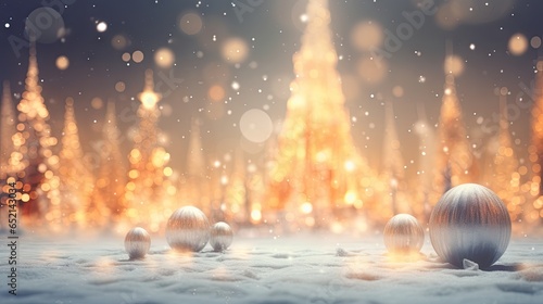  a snowy scene with three ornaments in the foreground and a christmas tree in the background. generative ai
