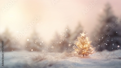  a small christmas tree in a snowy field with a star on it. generative ai