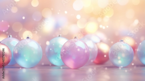  a row of shiny christmas ornaments on a shiny surface with a boke of lights in the background.  generative ai