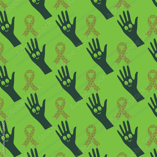 Digital png illustration of rows of hands and puzzle ribbons on green and transparent background © vectorfusionart