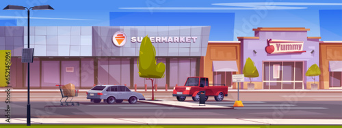 Grocery supermarket building with parking cartoon vector illustration. Outside retail store car lot. Commercial storefront with entrance on street. Outdoor business estate on road urban architecture