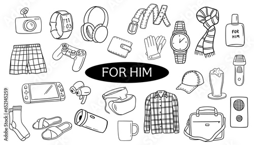 Gifts for him, for man. Outline doodle clothes and devices isolated on white. Set hand drawn illustrations
