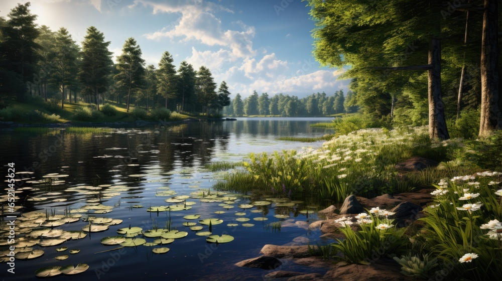 Fototapeta premium Serene Lake View: Inviting Landscape for Relaxation and Reflection