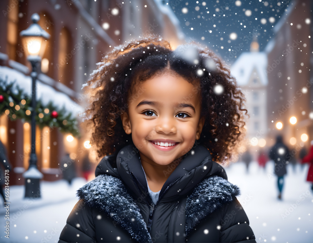 A smiling mixed race girl black toddler in the city, snowing, christmas tree in the background, winter season, happy holidays. AI generative A smiling mixed race girl black toddler in the city, snowing, christmas tree in the background, winter season, happy holidays. AI generative