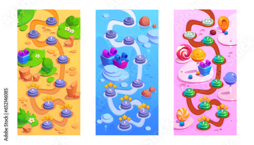 Summer desert and winter kid game road map board background set. Vertical level progress path with numbers, achievement score and candy sweets, snow, drought sand ground mobile app illustration.