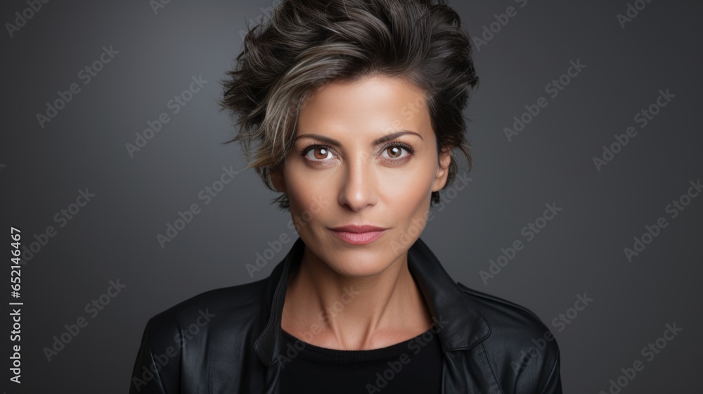 Studio portrait of a middle-aged woman in a black blouse on a dark background. Business style.