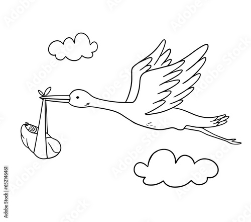 Stork flies and carries newborn baby in clouds. Vector line sketch for coloring book. Cute hand drawn doodle illustration