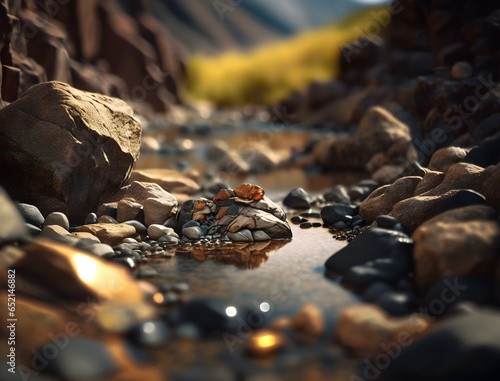 finding gold on the rocky shoreline of a mountain creek cinematic realism very detailed tiltshift 
