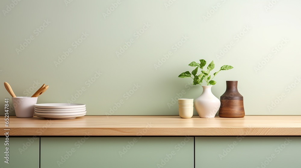 Coastal style green blank empty space kitchen countertop with kitchen utensils and indoor plant, Scandi interior design, AI generated Coastal style green blank empty space kitchen countertop with kitchen utensils and indoor plant, Scandi interior design, AI generated