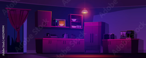 Night office kitchen interior vector background. Break room at work for lunch with microwave, kettle, refrigerator and dishes. Glow bulb in dark modern corporate canteen for eating snack or lunch