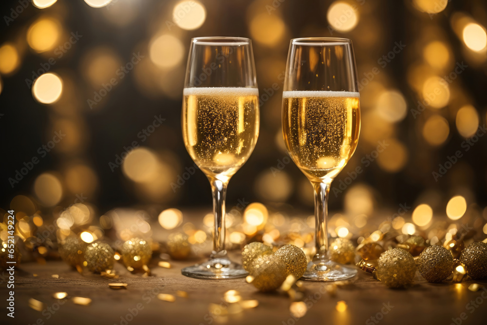 glasses of champagne on christmas sparkling golden bokeh background with copy space glasses of champagne on christmas sparkling golden bokeh background with copy space
