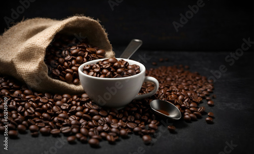 White espresso cup and coffee beans wallpaper  wide banner concept with copy space