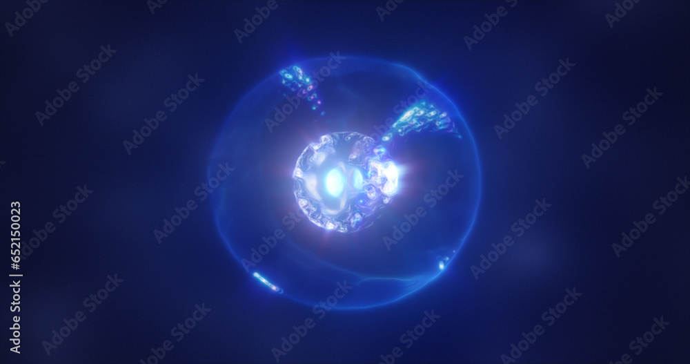 Abstract blue energy sphere with flying glowing bright particles, science futuristic atom with electrons hi-tech background Abstract blue energy sphere with flying glowing bright particles, science futuristic atom with electrons hi-tech background