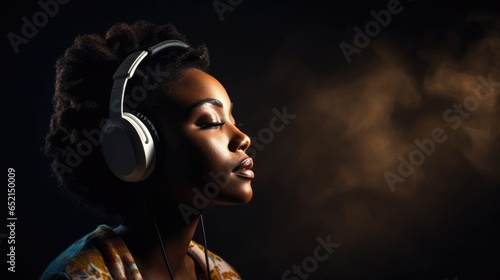 Beautiful African American woman listening to music on headphones with her eyes closed.