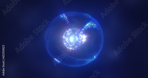 Abstract blue energy sphere with flying glowing bright particles, science futuristic atom with electrons hi-tech background