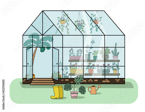 Greenhouse with plants and gardening supplies, boots and watering can