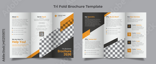 business trifold brochure template. Corporate, Modern, Creative and Professional tri fold brochure vector design. Simple and minimalist promotion layout with orange color for business

