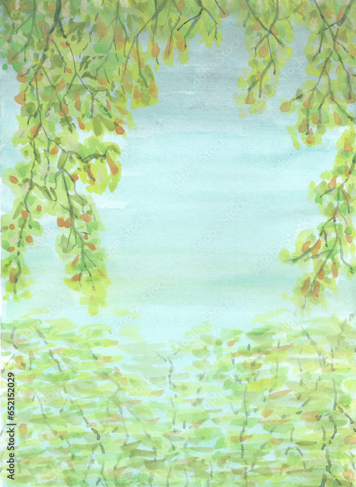 Naklejka premium Watercolor painting nature background of trees with branch, shadow and river or canal on paper. illustration landscape for environment or spring, summer and season concept. Hand painted texture style.
