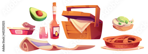 Set for picnic in park with wicker basket, bottle of drink and variety of snacks. Cartoon vector illustration of hamper, blanket and food for outdoor lunch - pie and sandwich, avocado and tin.