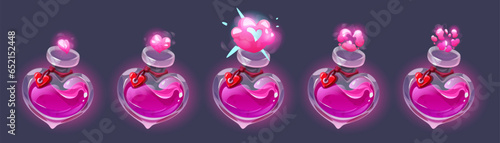 Love potion bottle animation sprite sheet isolated on background. Vector cartoon illustration set of open heart shape glass flask with label, puff cloud effect of magic elixir, alchemy lab assets