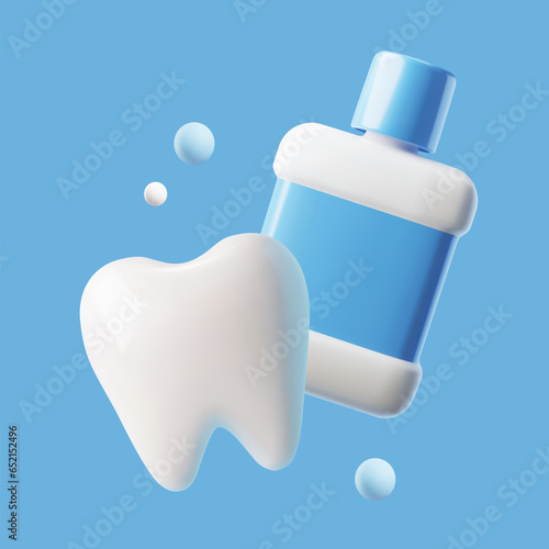 White tooth and tube of rinse liquid 3D style, vector illustration