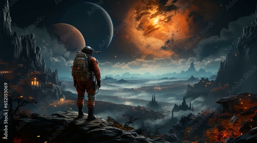 An astronaut stands on an unfamiliar fantasy planet in space An astronaut stands on an unfamiliar fantasy planet in space
