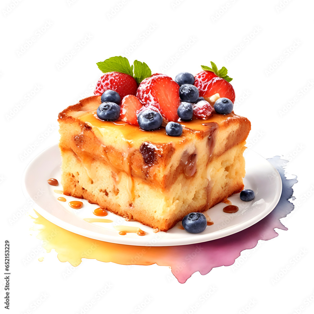 An illustration of bread pudding with rich vanilla custard An illustration of bread pudding with rich vanilla custard