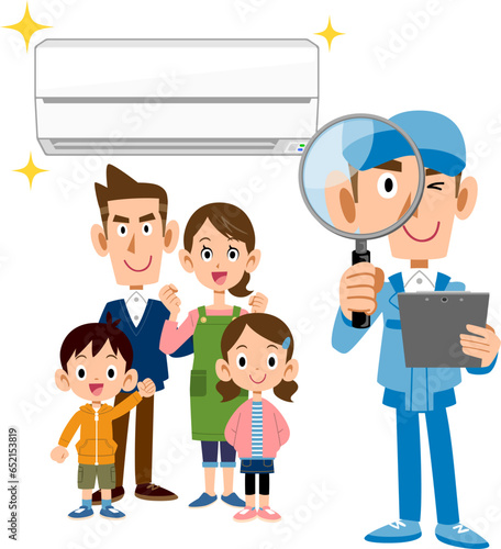 エアコンと家族と虫眼鏡を覗く作業員の男性
