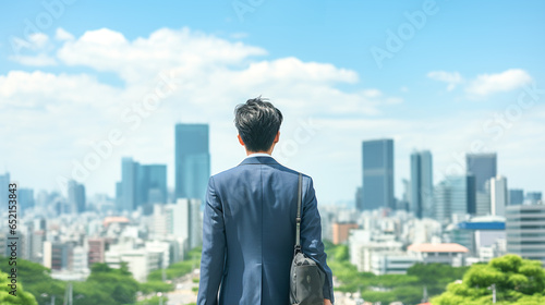 青空とビジネスマンの後ろ姿