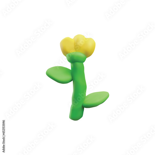 Simple childish plasticine flower on stem 3D style, vector illustration