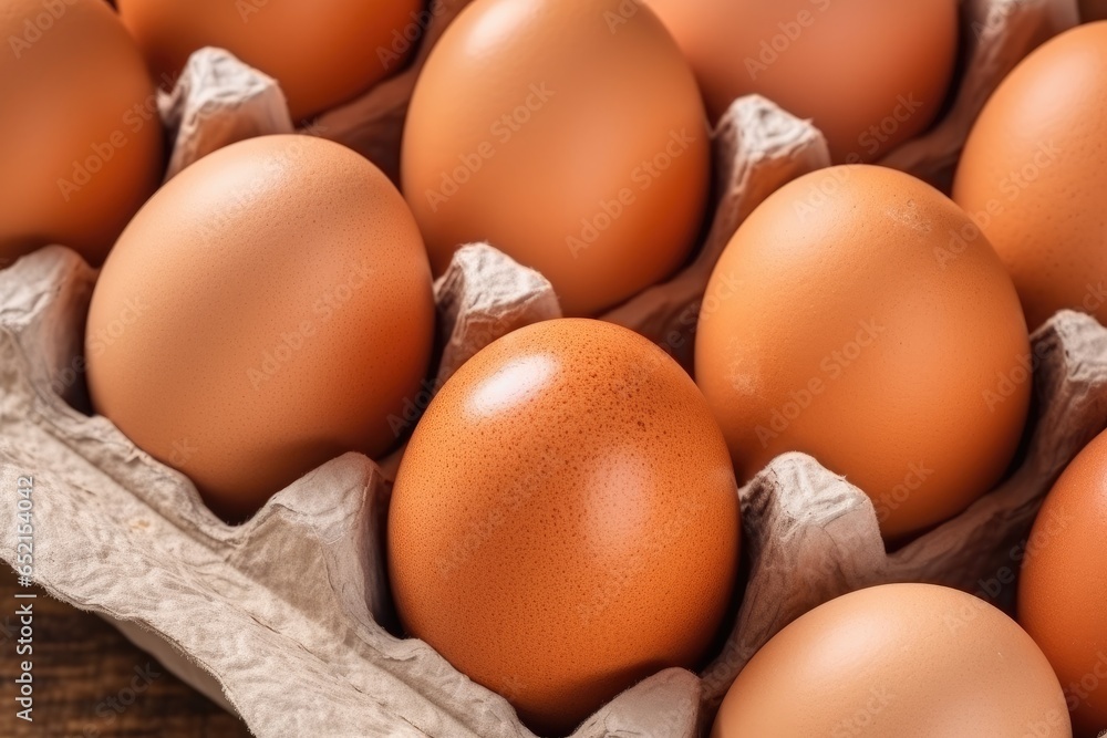 brown raw eggs in a factory packaging on a wooden table (Generative AI) brown raw eggs in a factory packaging on a wooden table (Generative AI)