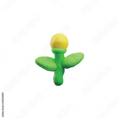 Realistic plasticine yellow bud flower with leaves, vector 3D clay texture beginning to bloom plant, modeling, sculpting