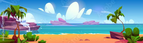 Tropical seascape with sandy beach and palm trees. Vector cartoon illustration of beautiful sea view, waterfall on rocky stone island, exotic green plants, waves washing sunny coastline, summer resort